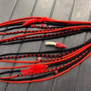 Red & Black Wool Dreadlock Extensions: Clip-In Hair Dreads with Beads