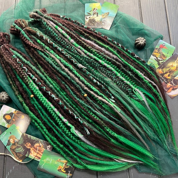 Natural look synthetic dreads hand blend solid + ombre colors shades of brown green forest green dark emerald gray hair extensions