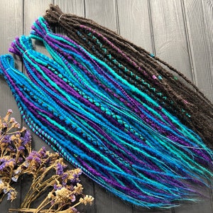 Natural look synthetic dread lock + braids + twists purple, sea wave, azure, turquoise black bandage as a gift boho hair extensions full set
