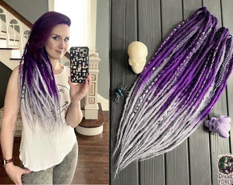 Crochet synthetic dreadlocks ombre handmade transit + fishtail braids dark purple-bright purple-gray hair extensions dreadlocks boho