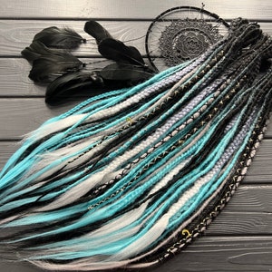 Natural look synthetic dreadlocks + fishtail braids black-light-gray ombre black-gray-white black-blue ombre moon beads as a gift