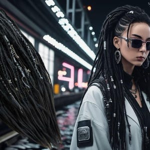 May include: Black dreadlocks with silver and white accents. The image shows a woman wearing sunglasses and a white jacket. The text "SHADOWS OF THE FUTURE" is visible in the background.
