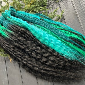 Ombre Synthetic Dread Curls: Black, Turquoise, Green Fishtail Braids