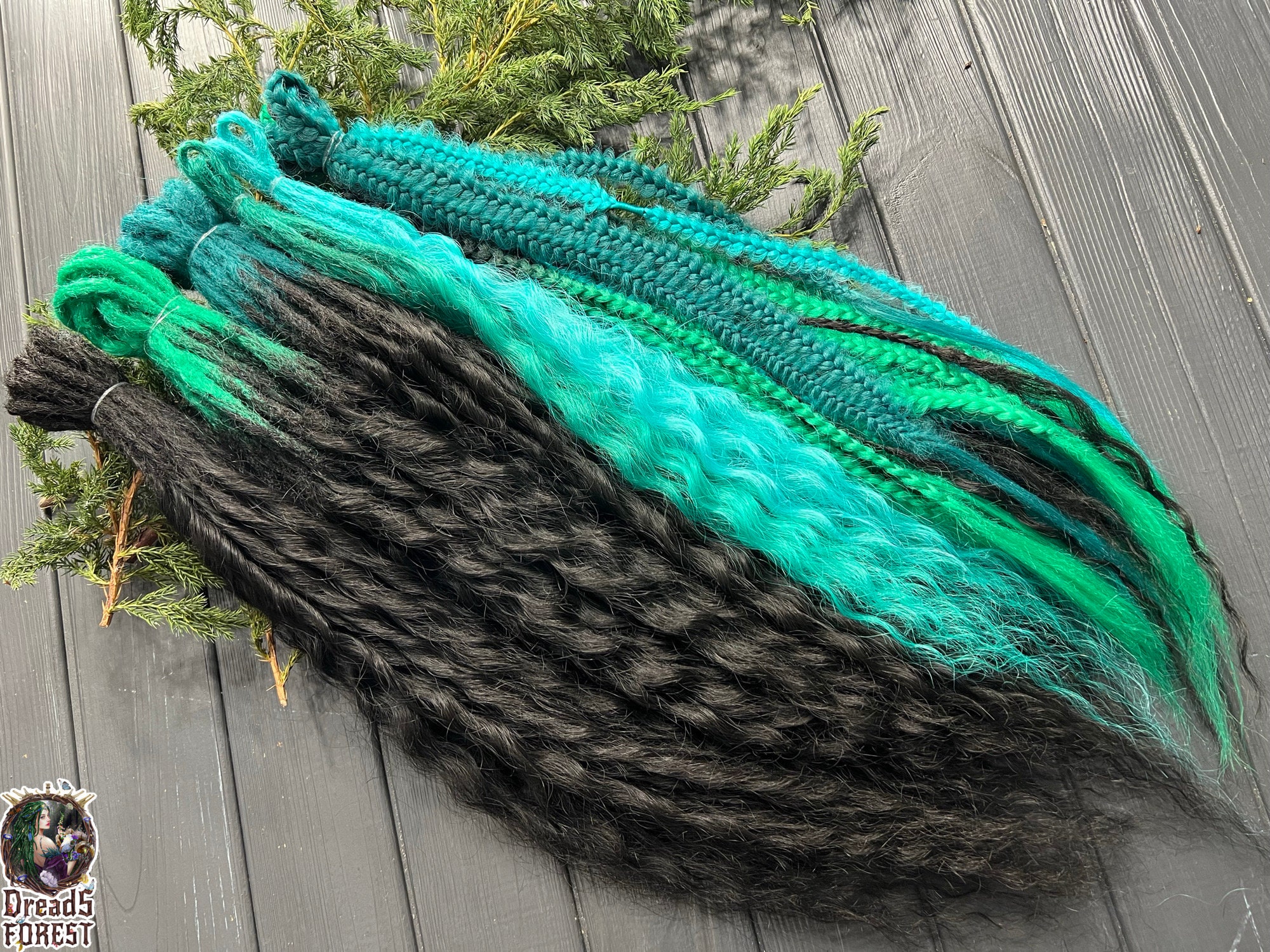Ombre Synthetic Dread Curls: Black, Turquoise, Green  display picture 1