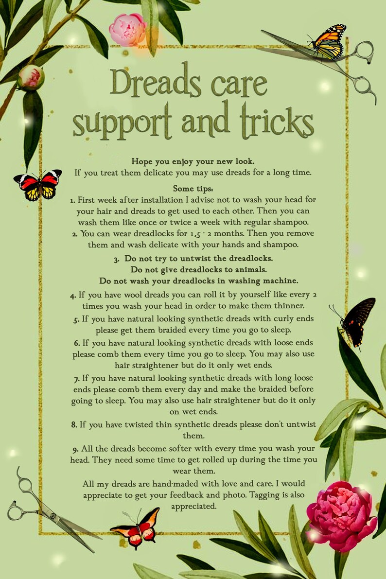 text and illustrations related to dreads care, including tips and tricks for maintaining and styling dreads.