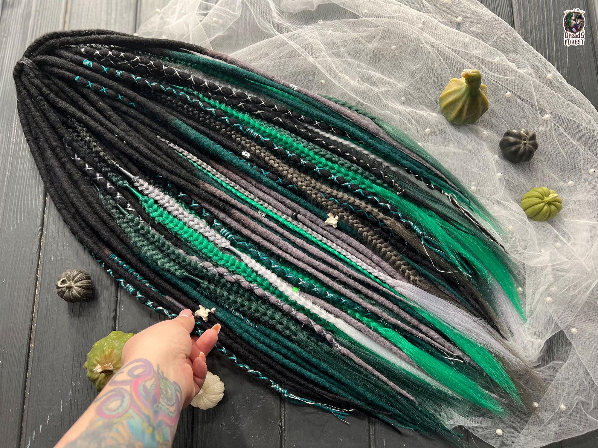 キネマ　kinema mohair hair band Dark Green新品 Dreadlock Hair Extensions: Ombre Black to Green - Wool & Synthetic