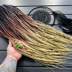 Synthetic dreads thin twisted + fishtail braids + ombre bandage black-brown-red chestnut-blonde boho viking style