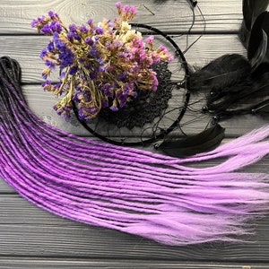 Synthetic dreads thin twisted ombre black-bright purple-light purple lavender violet loose ends full set boho dreads extensions