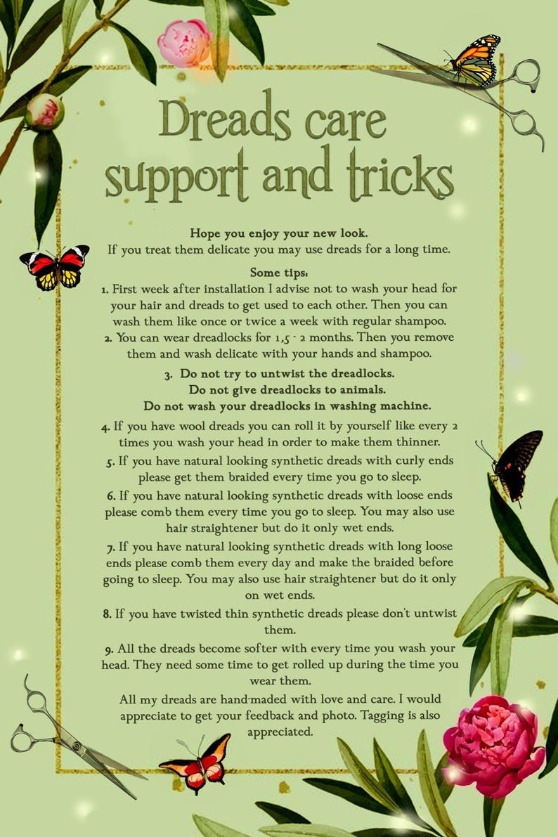 text and illustrations related to dreads care, including tips and tricks for maintaining and styling dreads.