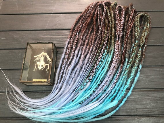 Peacock Ombre Dreads: Brown Blue Mint Synthetic DE SE Braids  display picture 3