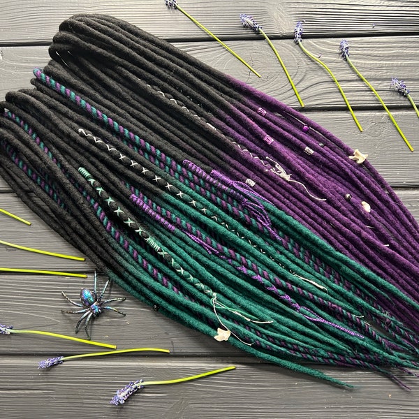 Wool dreadlocks ombre black-purple black-dark emerald green dreadlocks+Senegal bandage beads silver thread purple + green thread bone beads