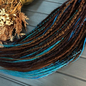 Natural look synthetic double ended mix dark brown turquoise dreads twists hair extensions dreadlocks boho wrapped single ended DE or SE