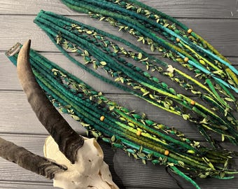 Emerald Green Wool Dreadlock Clip In, Fairycore Elven Hair Accent