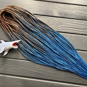 Synthetic dreads thin twisted + braids ombre chestnut reddish brown on blue full set boho dreads extensions viking style