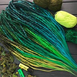 Natural look synthetic double ended dark green to shades of green ombre dreads braids hair extensions dreadlocks boho single ended DE or SE