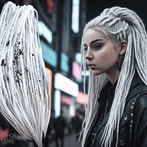 White Synthetic Dreads: Fishtail Braids, Black & Gold Accents