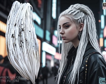 White Synthetic Dreads: Fishtail Braids, Black & Gold Accents