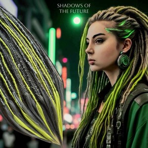 New set Natural look synthetic dreads + fishtail braids Shadows of the future dark gray graphite lime green hair extensions dread extensions