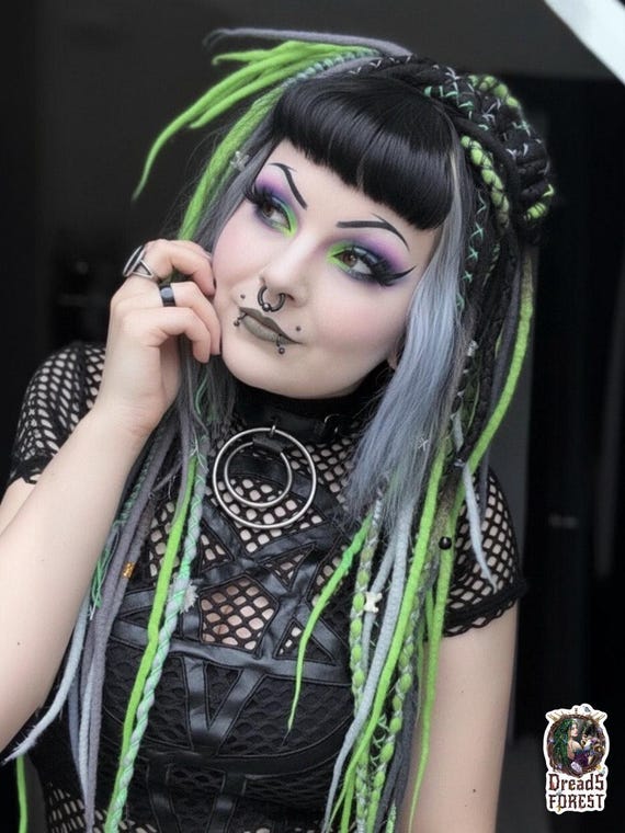 Cyber Goth Wool Dreads Black Grey Lime Green, Neon Alt  display picture 2