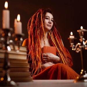 Natural look synthetic dreadlocks + fishtail braids natural red orange yellow red light orange beads and bandage as a gift hair extensions