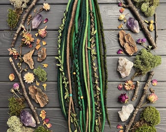 Green Olive Brown Wool Dreadlock Extensions Boho Viking Elastic Band
