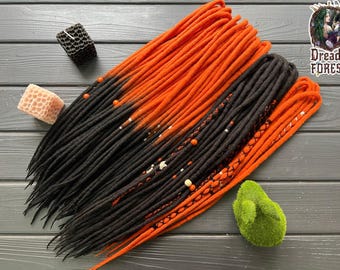 Boho Wool Dreadlocks, Double Ended Ombre Orange-Black (With Beads)