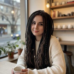 May include: A woman with long, dark dreadlocks and a cream-colored sweater sits at a table, holding a white mug. The background includes a window, plants, and a wooden shelf with cups. The Dread5 Forest logo is visible.