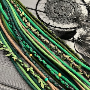 Green Wool Dreadlocks: Boho Viking Style Clip-in Hair Extension