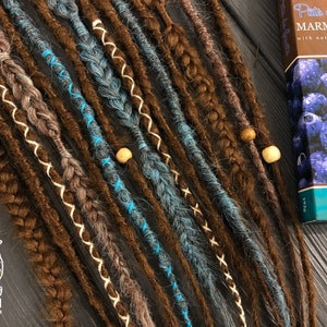 Natural look synthetic brown solid+ mint (white), blue + brown dreadlocks ombre hair extensions dreadlocks boho single DE SE fishtail braids
