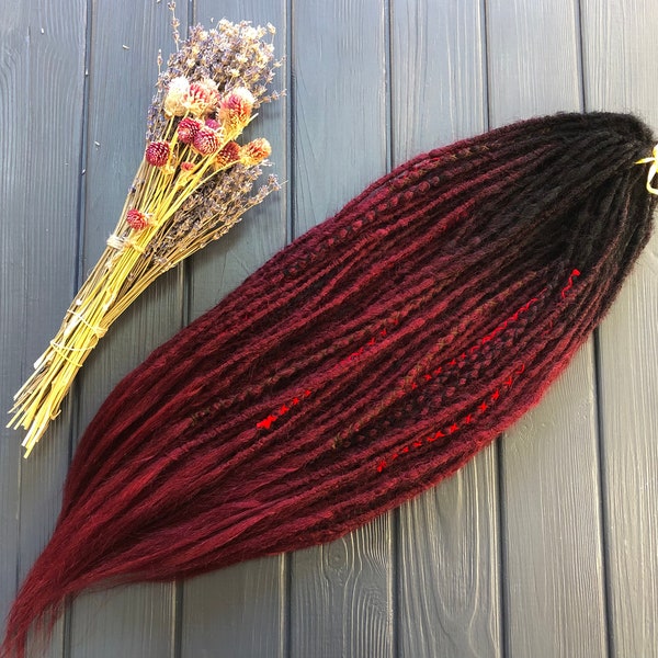 Natural look synthetic double ended black burgundy red ombre dreads hair extensions dreadlocks boho single ended DE or SE wrapped