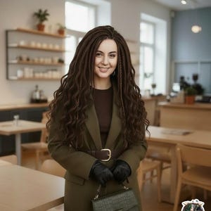 May include: A woman wearing a dark green blazer, black gloves, and carrying a dark green handbag. She has long brown dreadlocks. The background is a cafe with wooden tables and shelves.