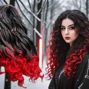 May include: Black and red ombre hair extensions. The extensions are styled in braids and curly waves. The hair transitions from black to a vibrant red. The image also features a woman with similar hair.