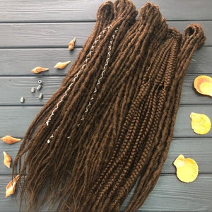 Brown natural look synthetic double ended dreads and boho braids hair extensions dreadlocks wrapped accents dreads single ended DE or SE
