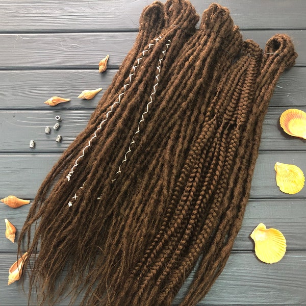 Brown natural look synthetic double ended dreads and boho braids hair extensions dreadlocks wrapped accents dreads single ended DE or SE