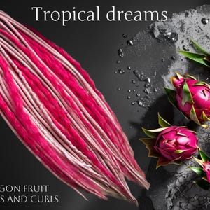 May include: A bundle of pink and white dreadlocks with the text "Tropical dreams" and "Dragon Fruit Dreads and Curls". The image also features several dragon fruit with green leaves on a dark background.
