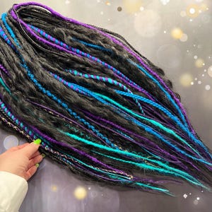 Mix dread extensions + curls black, ombre black on purple turquoise sea wave purple bandage gold black thread random metal beads as a gift