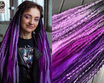 Natural look synthetic dreadlocks + braids fishtail, black on shades of purple, violet, purple, lilac bandage and beads as a gift