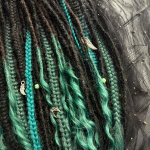 Mix dreadlocks + fishtail + braids + curls ombre black brown natural black shades of green emerald forest green beads silver wings as a gift