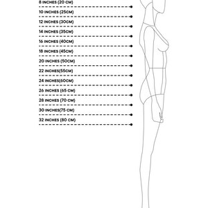 a model wearing a bustier, with a bust size of 8 inches (20 cm) and a waist size of 10 inches (30 cm).