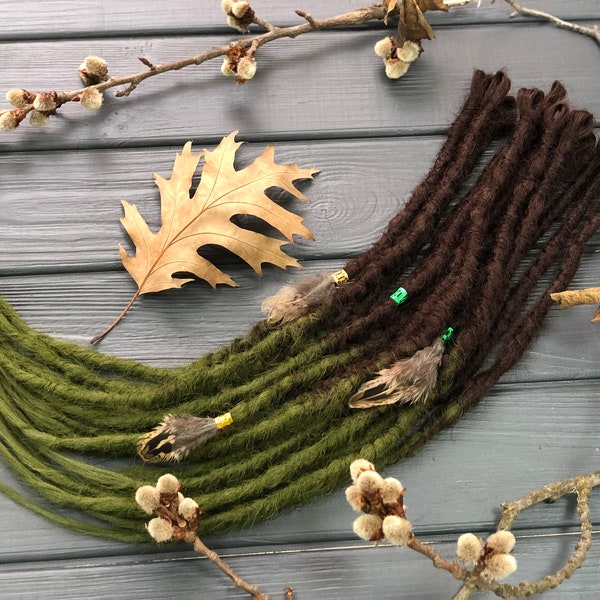 Natural look synthetic double ended dark brown forest green ombre dreads hair extensions dreadlocks boho single ended DE or SE