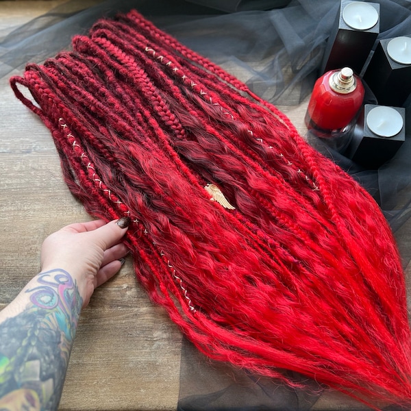 Dread curls synthetic mix of curls + fishtail braids + dreadlocks blend red, burgundy, black bandage gold thread pendants wings as a gift