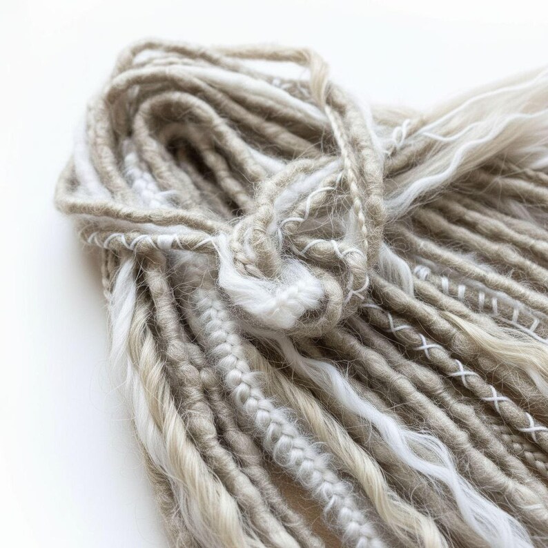 A close-up image of a pile of variously colored and braided yarns or threads, including shades of white, beige, and gray.