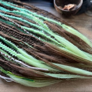 Ombre Brown & Green Synthetic Dreads: Fishtail Braid Hair Extensions