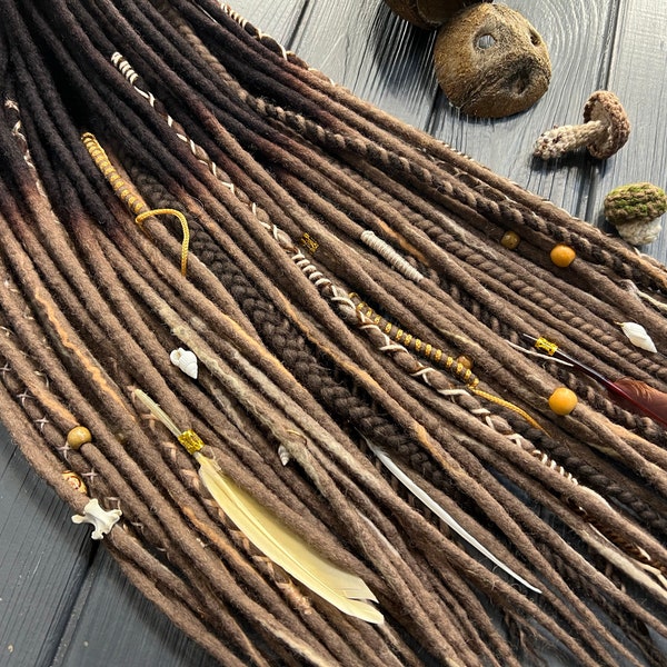 Woll-Dreads komplettes Set DE Dreadlocks Erweiterungen braun irisch cremeblond cremefarben Sand Zöpfe Mischungen Perlen Knochen Muscheln