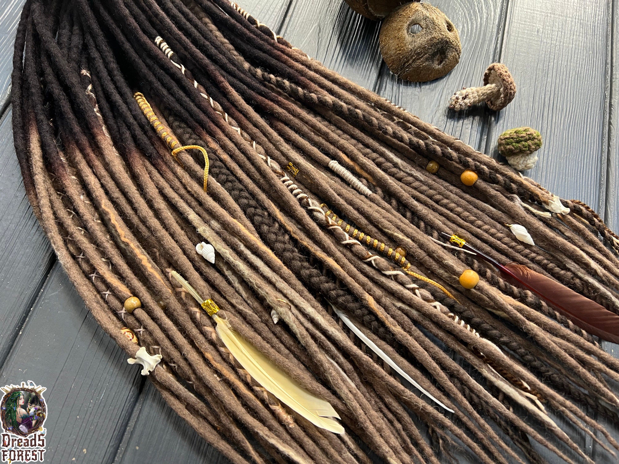 Wool dreads full set DE dreadlocks extensions brown Irish cream blond cream sand braids blends hand bandage beads bones shells as a gift
