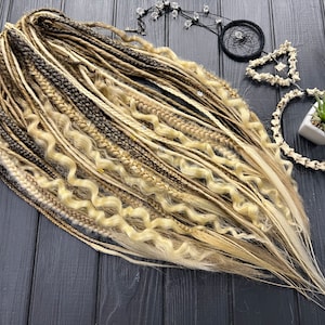 Mix of thin twisted synthetic dreads + braids + fishtails + dreadlock curls shades of blond, brown, light brown dark brown beige dreads boho