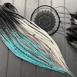 Synthetic dreads thin twisted + fishtail braids ombre black and blue black and light gray black white bandage skull beads hair extensions