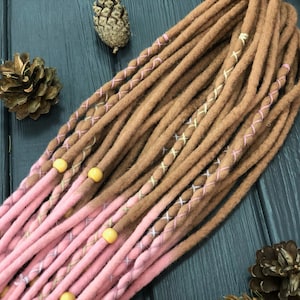 Dark blonde and pink ombre wool double ended dreads with FREE wooden beads wrapped