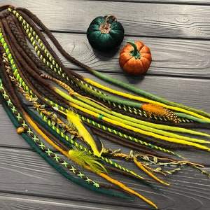 Wool dreadlocks on elastic band ombre brown on green, orange, yellow brown braids and senegal dreads extensions boho soft set clip on dreads