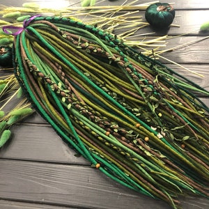 Wool dreadlocks solid mix of green shades + light brown boho viking style soft set dread extensions
